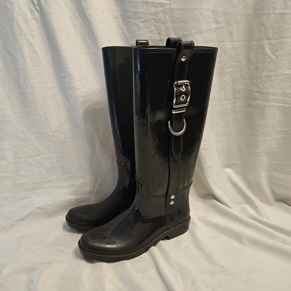 Coach Women's Riding Rain Boots Black Round Toe Knee High Buckle 7 - Picture 1 of 13